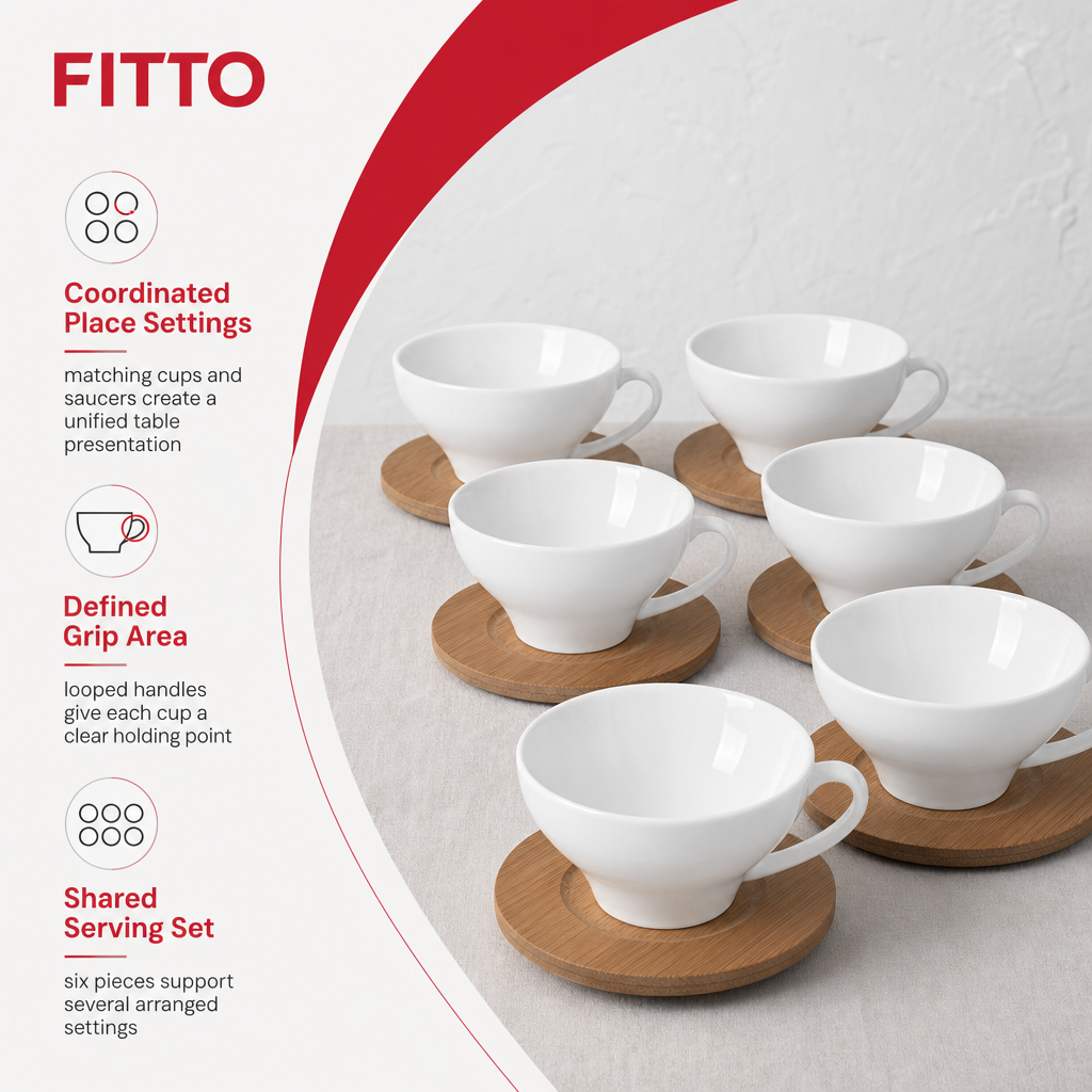 60 Pieces Ceramic Tea and Coffee Cup Set with Looped Handles and Wooden Saucers, White and Natural Wood, 6 Pieces