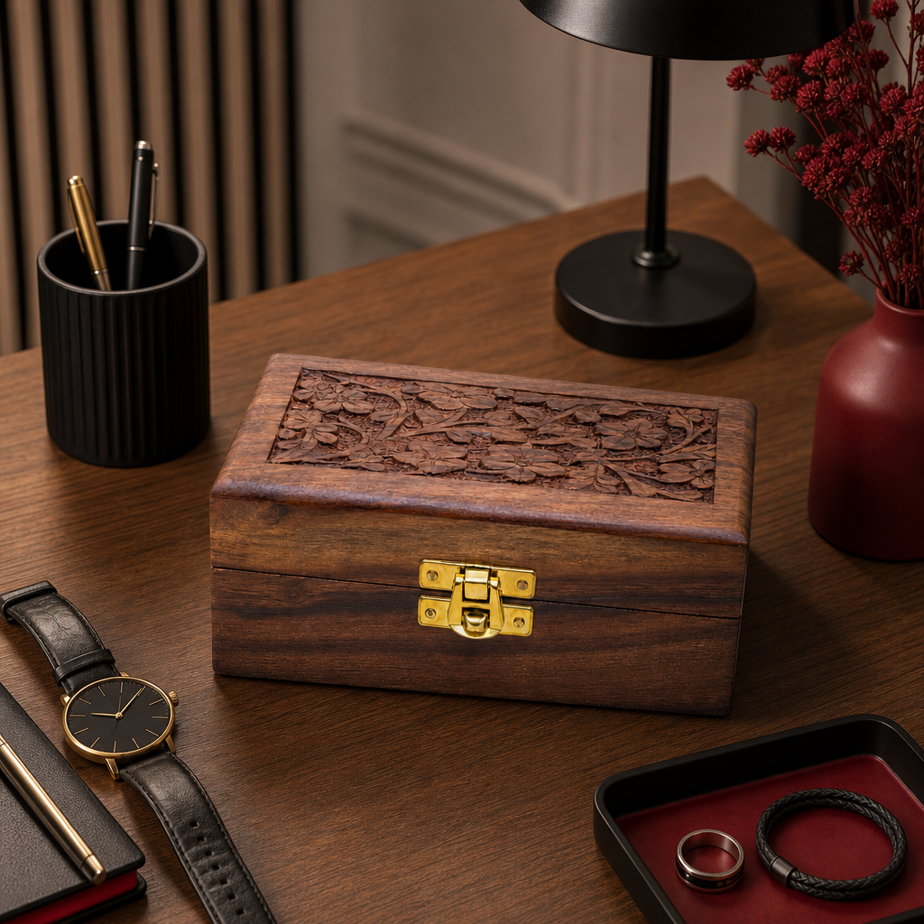 120 Pieces Wooden Rectangular Storage Box, Carved Brown Keepsake Organizer, 2.5 x 3.5 Inch