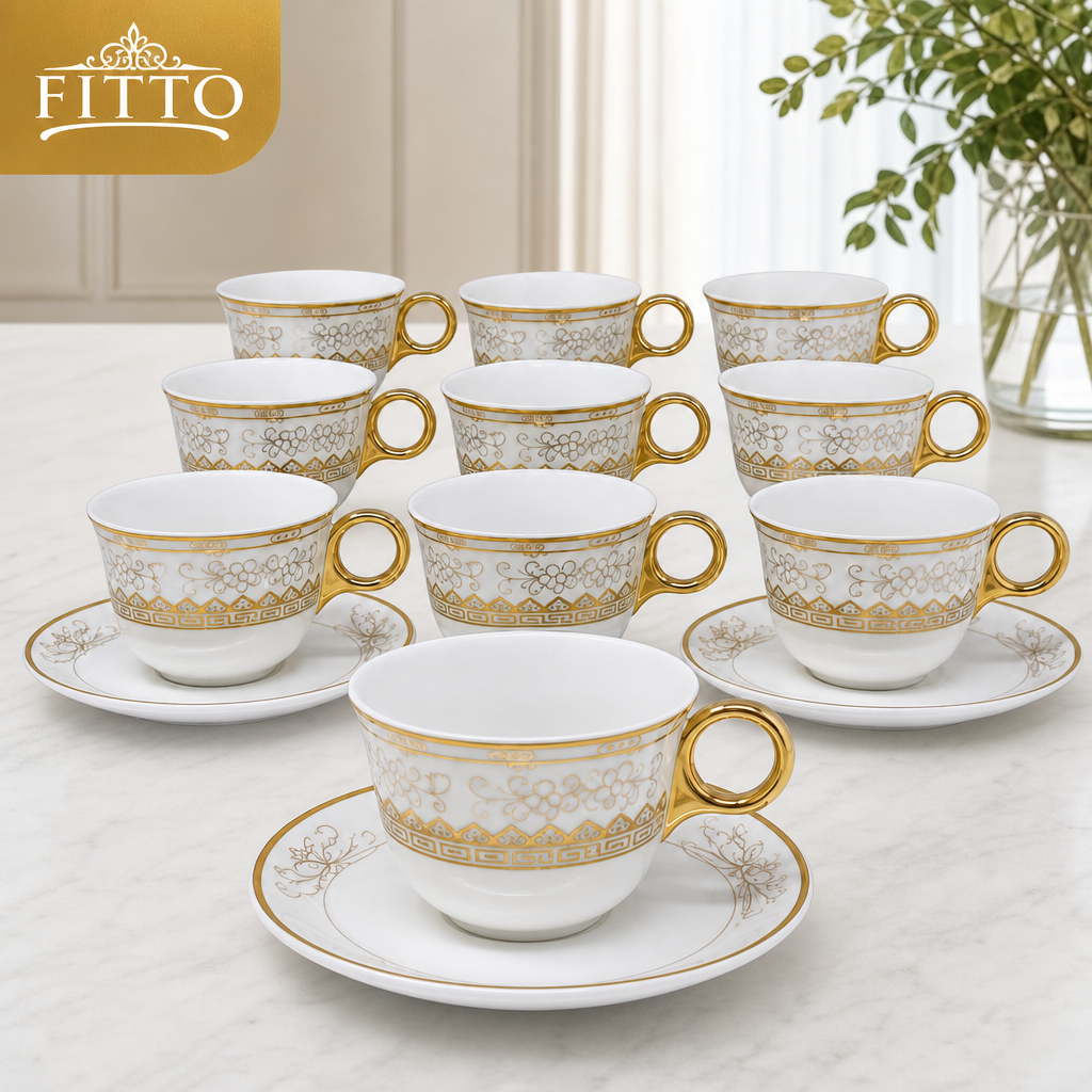 96 Pieces Ceramic Cup and Saucer Set, White and Gold Tableware, 12 Pieces for Coffee and Tea Serving