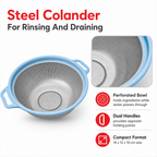 96 Pieces Steel Colander with Blue Rim and Dual Handles, 14 x 12 x 10 cm, 1 Piece