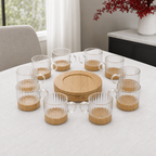 48 Pieces Tea Cup Set with Wooden Saucers, Clear Glass and Natural Wood, 12 Pieces