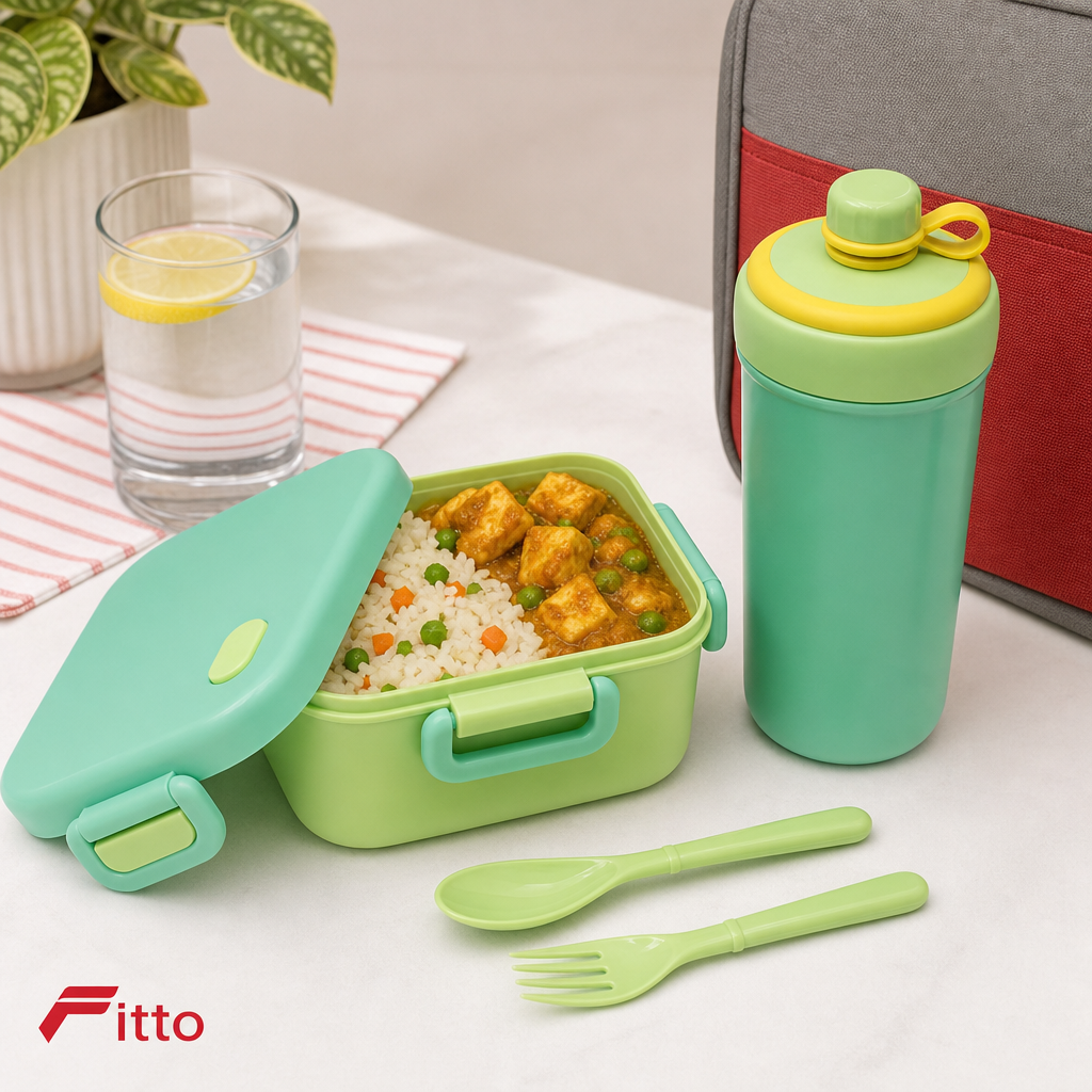 96 Pieces Lunch Box Set with 450 ml Bottle and Cutlery, Assorted Colour Plastic Rectangular, 1 Set