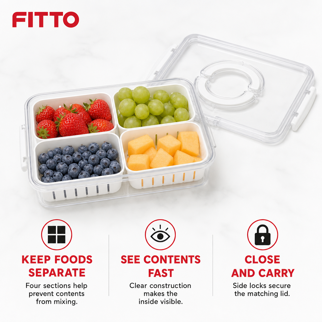 96 Pieces Food Storage Containers, Clear 4-Compartment Box with Locking Lid, 29 × 22 × 7 cm