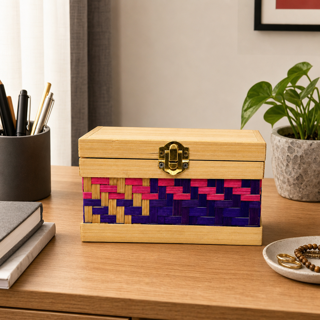 96 Pieces Woven Bamboo Storage Chest with Wooden Frame and Latch, 15 x 10 x 8 cm