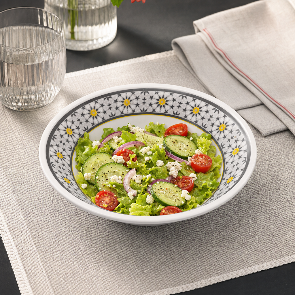 96 Pieces Melamine Salad Bowl, 8 Inch Round Serving Bowl, White and Grey with Yellow Accents