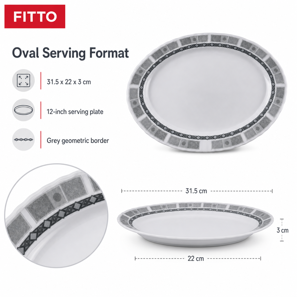 96 Pieces Melamine Wavy Oval Serving Plate, 12 Inch, Grey Geometric Border