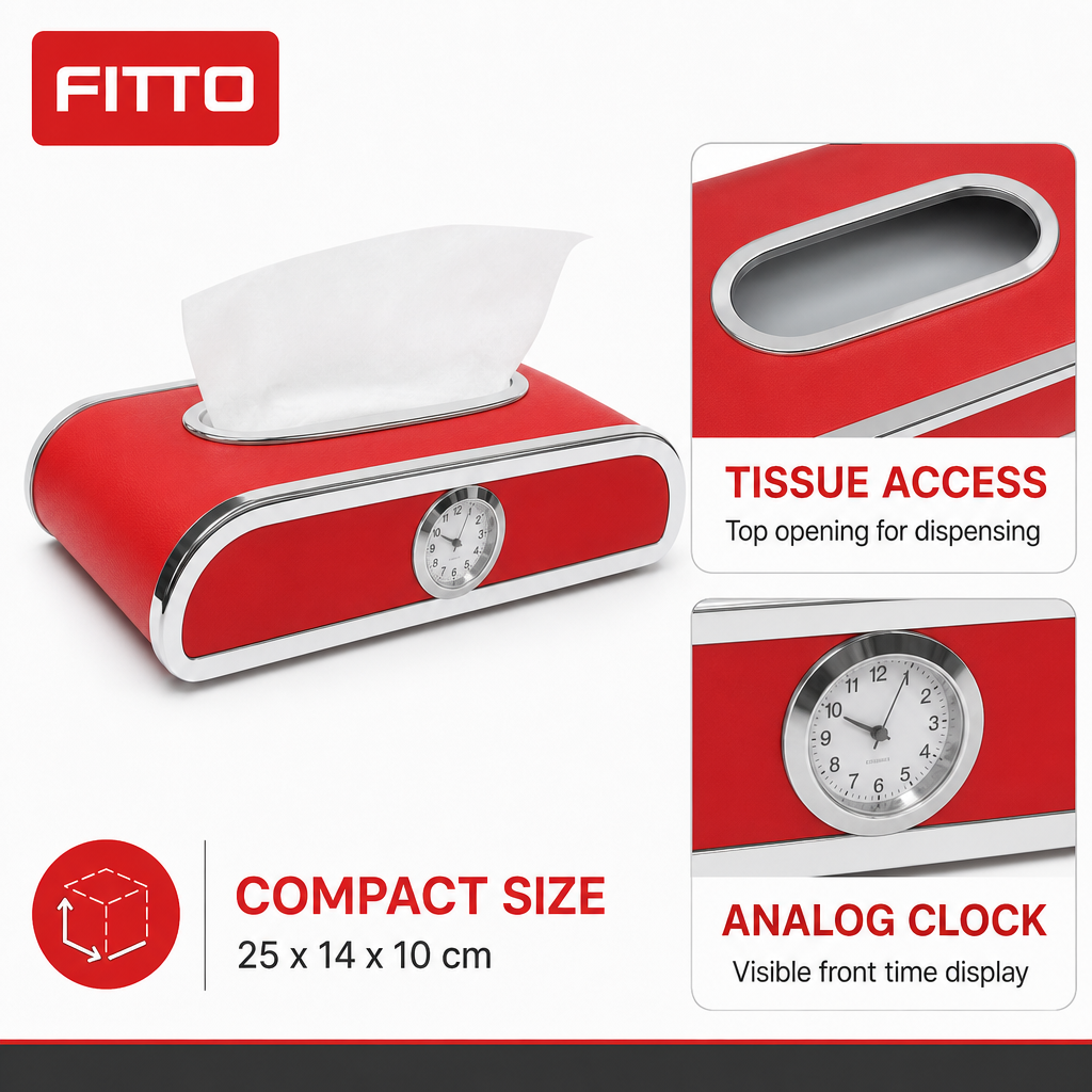 60 Pieces Car Dashboard Tissue Box Holder with Analog Clock, Red, 25 x 14 x 10 cm