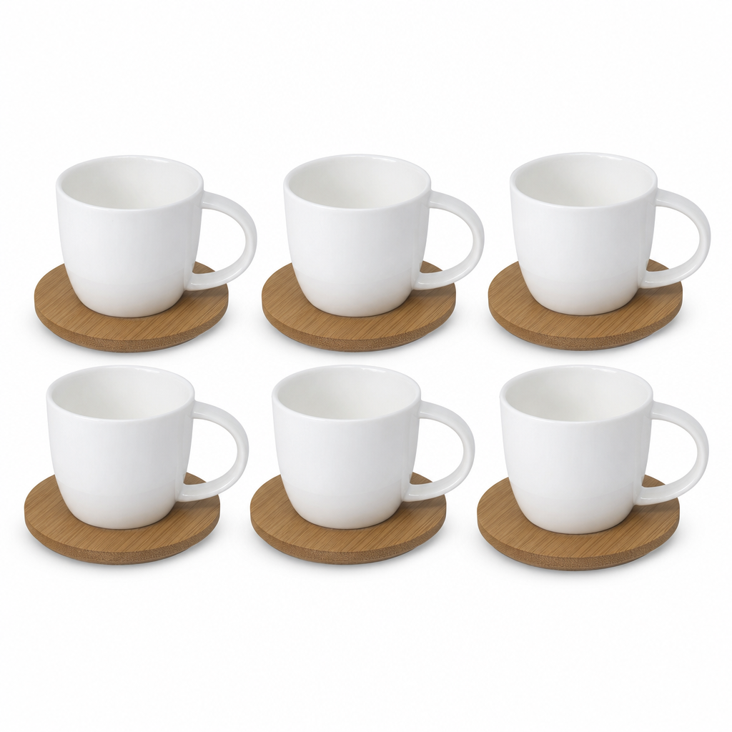 60 Pieces Ceramic Tea and Coffee Cups with Side Handles and Wooden Saucers, White and Natural Wood, 6 Pieces