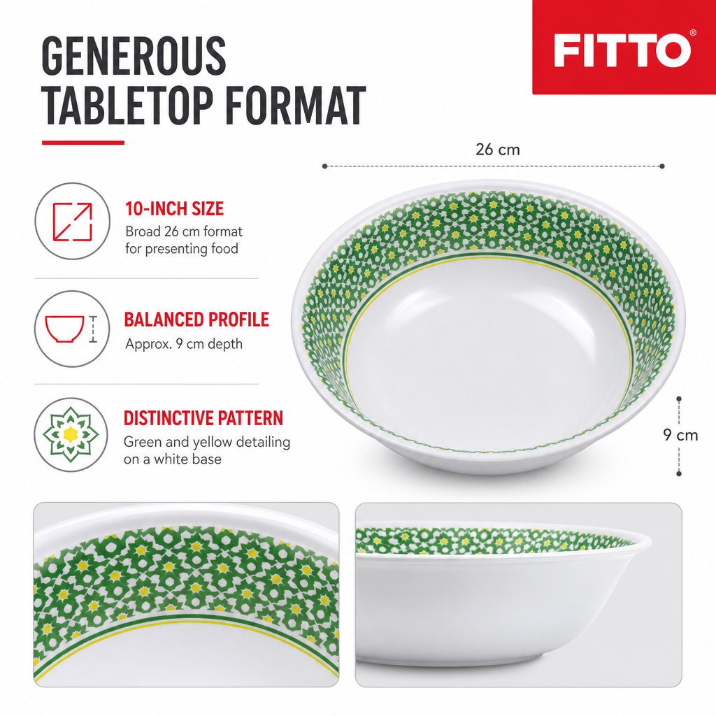 96 Pieces Melamine Salad Bowl, 10 Inch, White with Green and Yellow Pattern