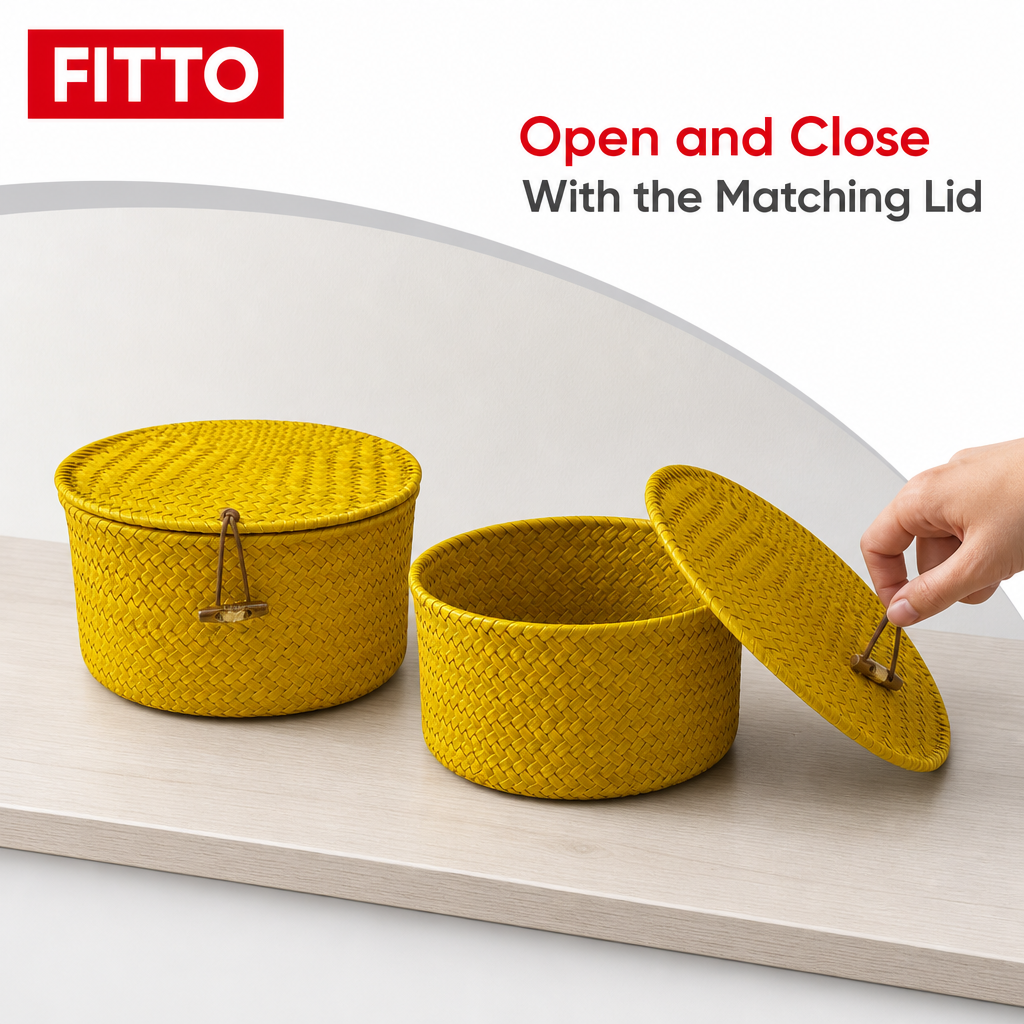 72 Pieces Round Woven Storage Box Set With Lids, 18 cm and 16 cm, Yellow, 2-Piece
