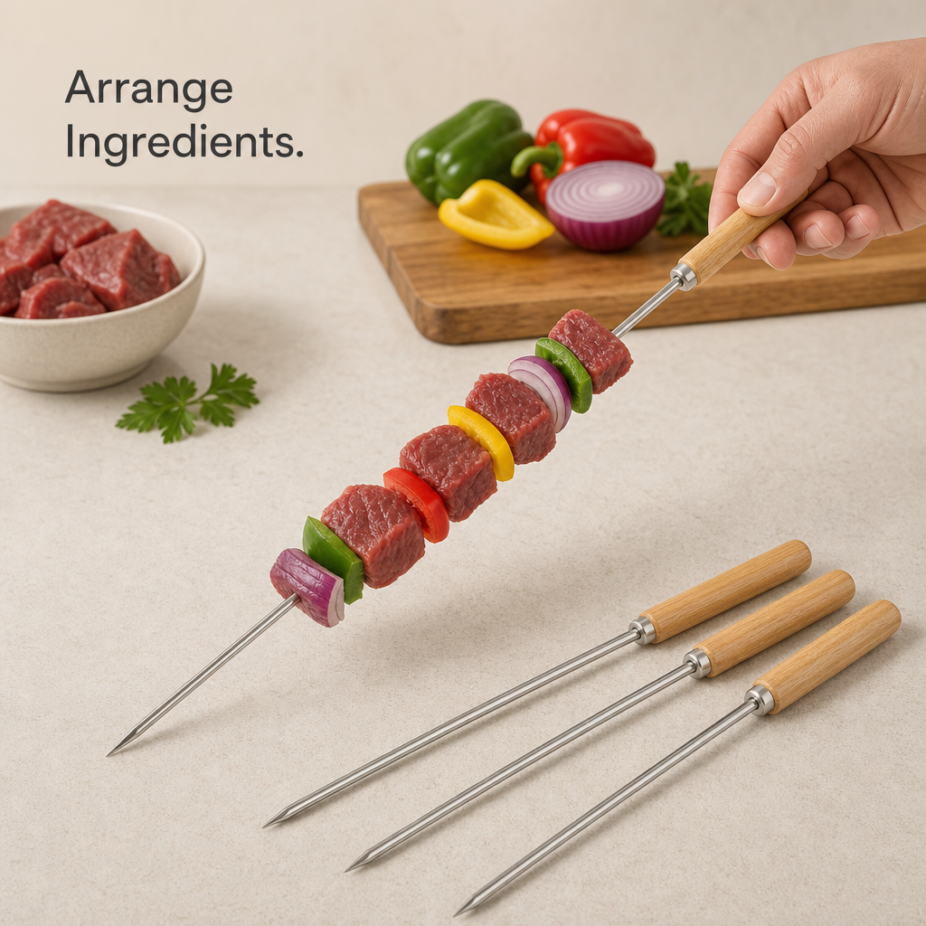 144 Pieces BBQ Skewers Stainless Steel with Wooden Handles 4 Piece Set 45 cm Silver