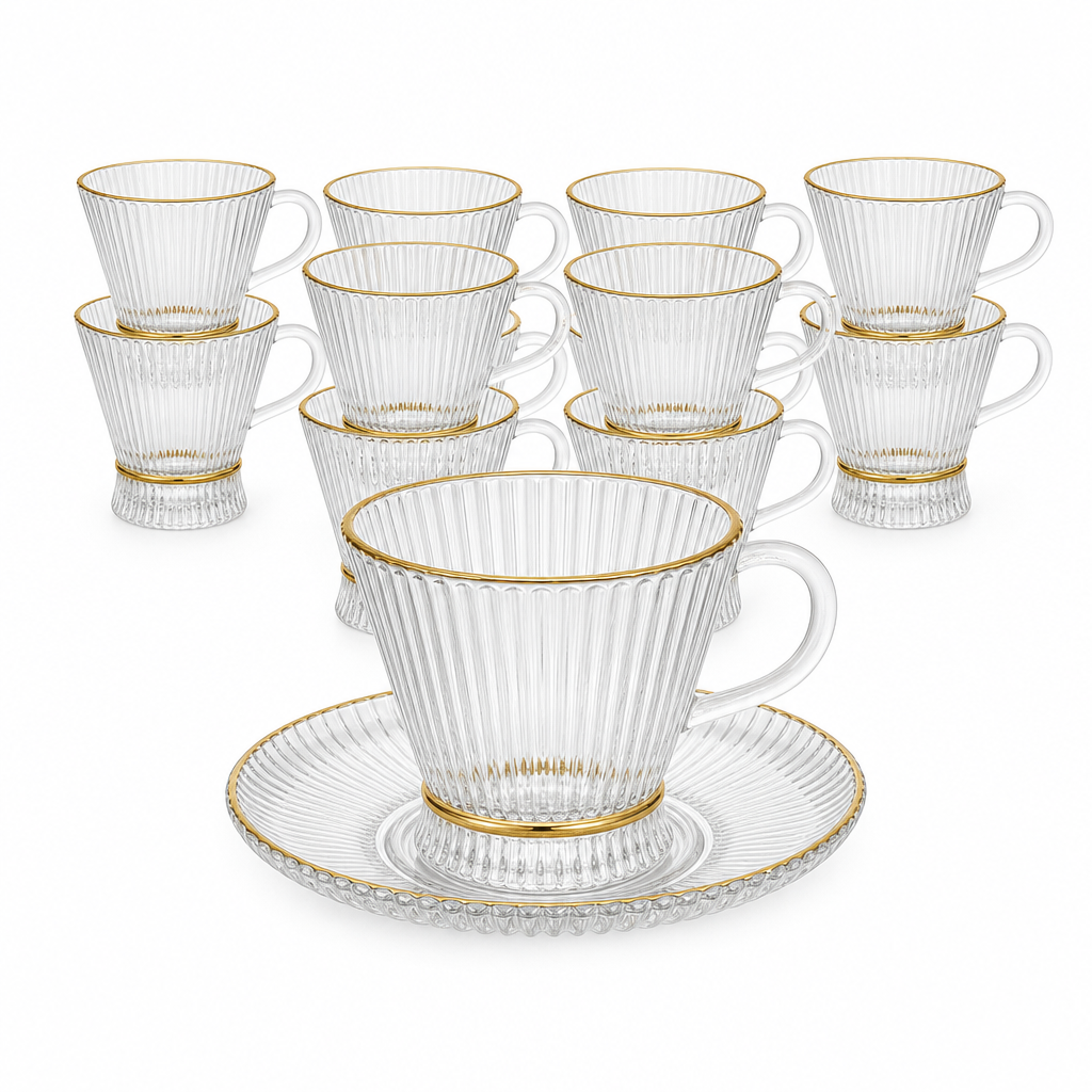 60 Pieces Ribbed Clear Glass Tea Cup and Saucer Set with Gold Rims, 220 ml, 12 Pieces