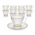 60 Pieces Ribbed Clear Glass Tea Cup and Saucer Set with Gold Rims, 220 ml, 12 Pieces