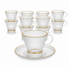 60 Pieces Ribbed Clear Glass Tea Cup and Saucer Set with Gold Rims, 220 ml, 12 Pieces