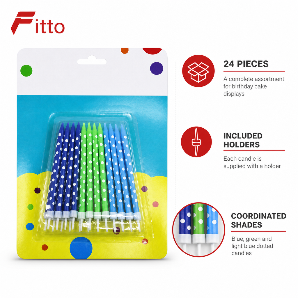 120 Pieces Dotted Birthday Candles with Holders, 24 Pieces, Blue, Green and Light Blue