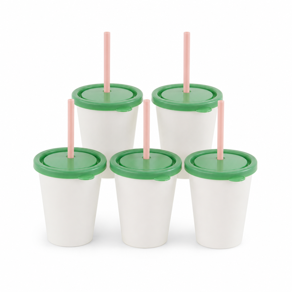 120 Pieces Plastic Cups with Lids and Straws, White Green and Pink, 5-Piece Drinkwares Set