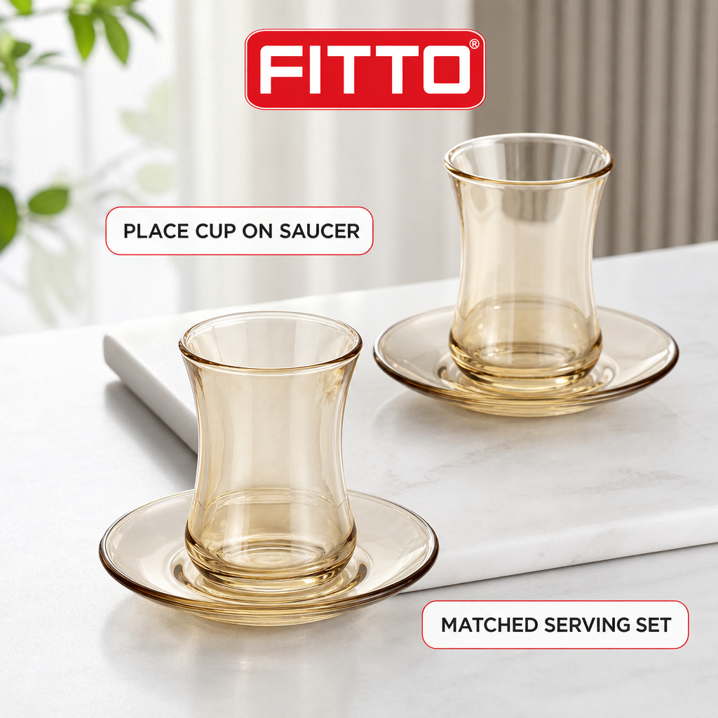 60 Pieces Glass Tea Cup and Saucer Set, Gold Tint, 12 Pieces