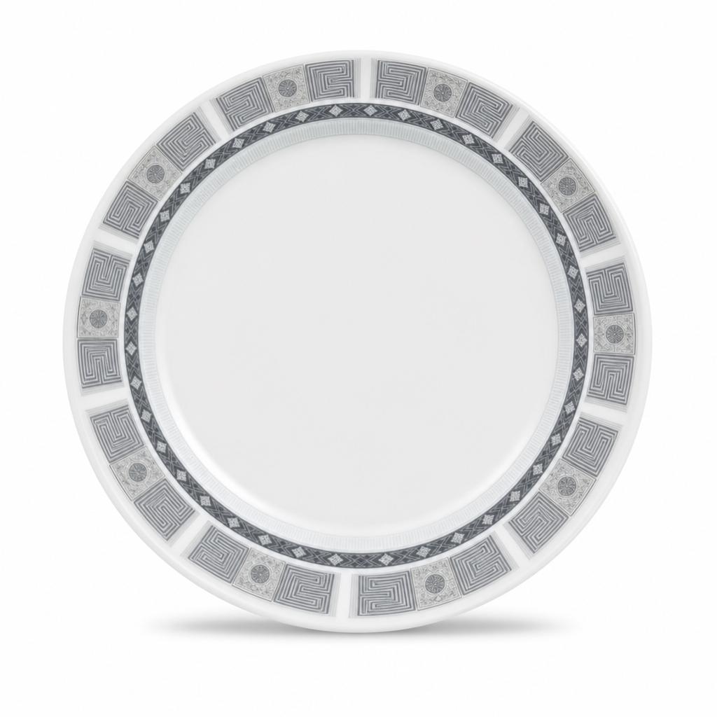 120 Pieces Dinner Plate, 9 Inch, Grey Geometric Border, Round Tablewares