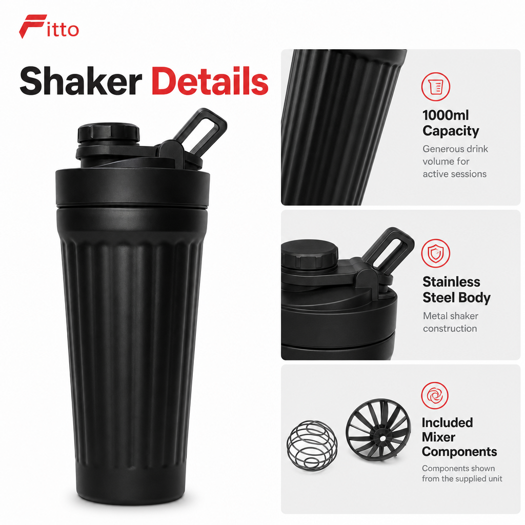 96 Pieces Stainless Steel Shaker Bottle with Mixer, 1000ml, Black