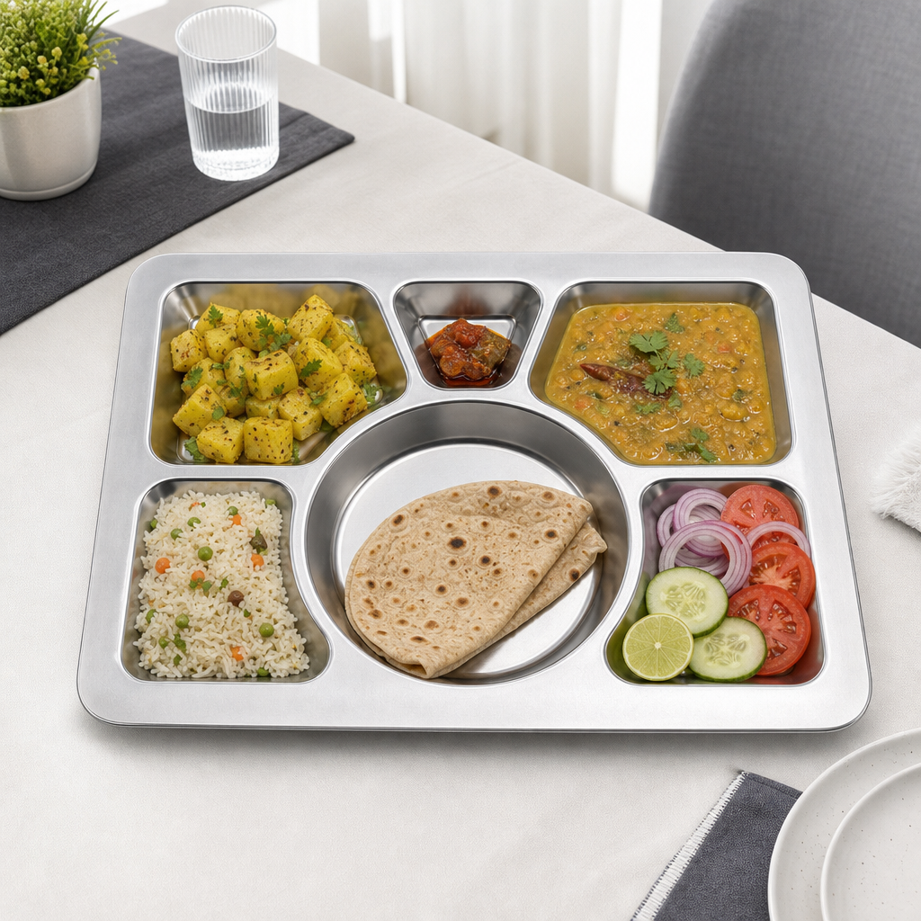 96 Pieces Stainless Steel Compartment Serving Trays, 6-Section Divided Platter, 36 x 28 x 3 cm, Silver