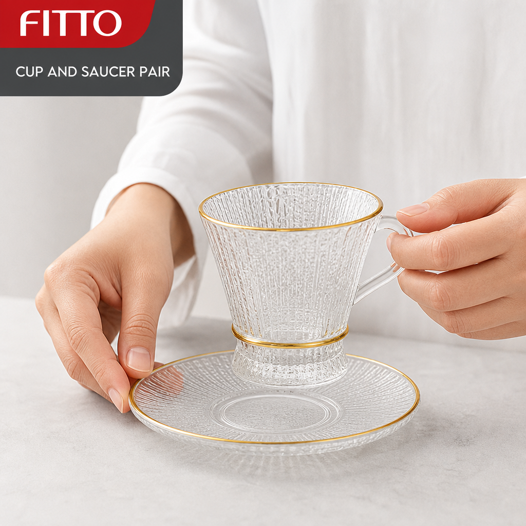 60 Pieces Textured Clear Glass Tea Cup and Saucer Set with Gold Rims, 220 ml, 12 Pieces