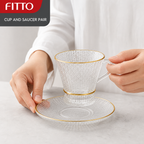 60 Pieces Textured Clear Glass Tea Cup and Saucer Set with Gold Rims, 220 ml, 12 Pieces