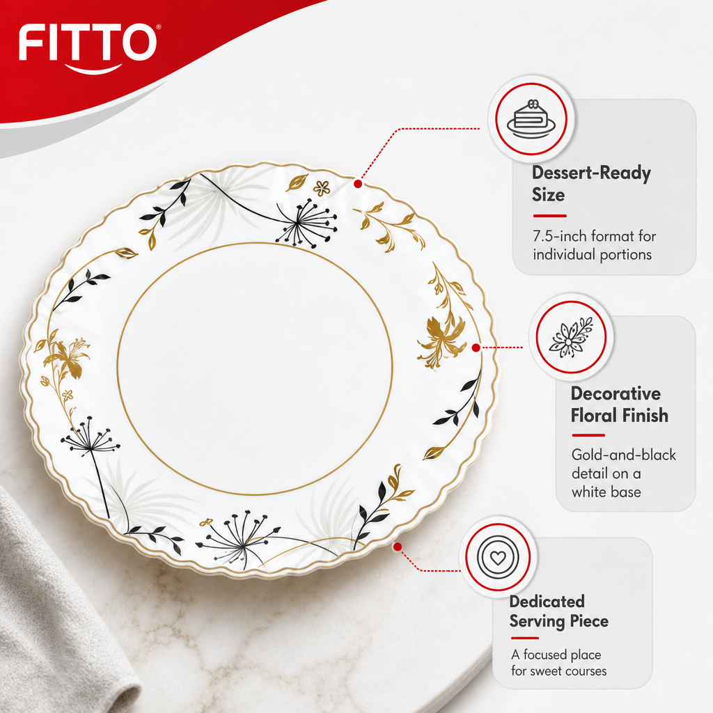 120 Pieces Opal Dessert Plate, 7.5 Inch Round Floral Tablewares for Dessert Serving, White with Gold and Black Detail, Single Piece