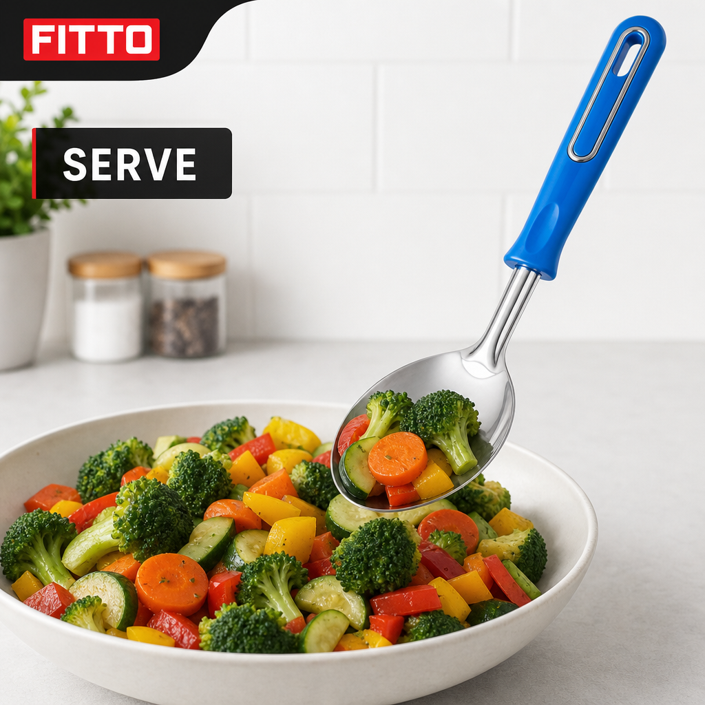 144 Pieces Stainless Steel Serving Spoon with Blue Plastic Handle, 30 cm, 1 Piece