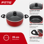 48 Pieces 26 cm Aluminium Non-Stick Saucepot with Glass Lid and Dual Side Handles, Red