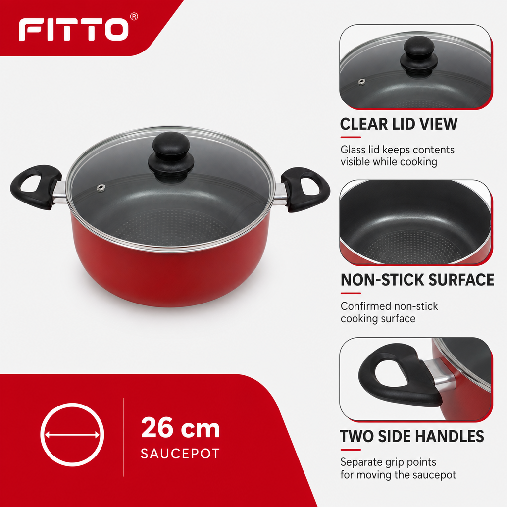 48 Pieces 26 cm Aluminium Non-Stick Saucepot with Glass Lid and Dual Side Handles, Red