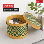 96 Pieces Round Woven Storage Box with Lid, Green Geometric Pattern, 14 x 14 x 12 cm