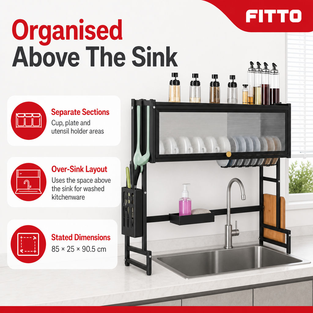 48 Pieces Over-the-Sink Dish Drying Rack with Cup, Plate and Utensil Holders, Black, 85 × 25 × 90.5 cm