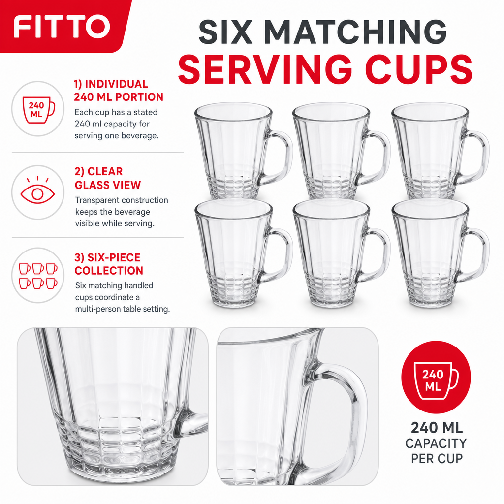 96 Pieces Glass Cup Set, 240 ml Clear Handled Cups for Tea, Coffee and Beverages, 6 Pieces