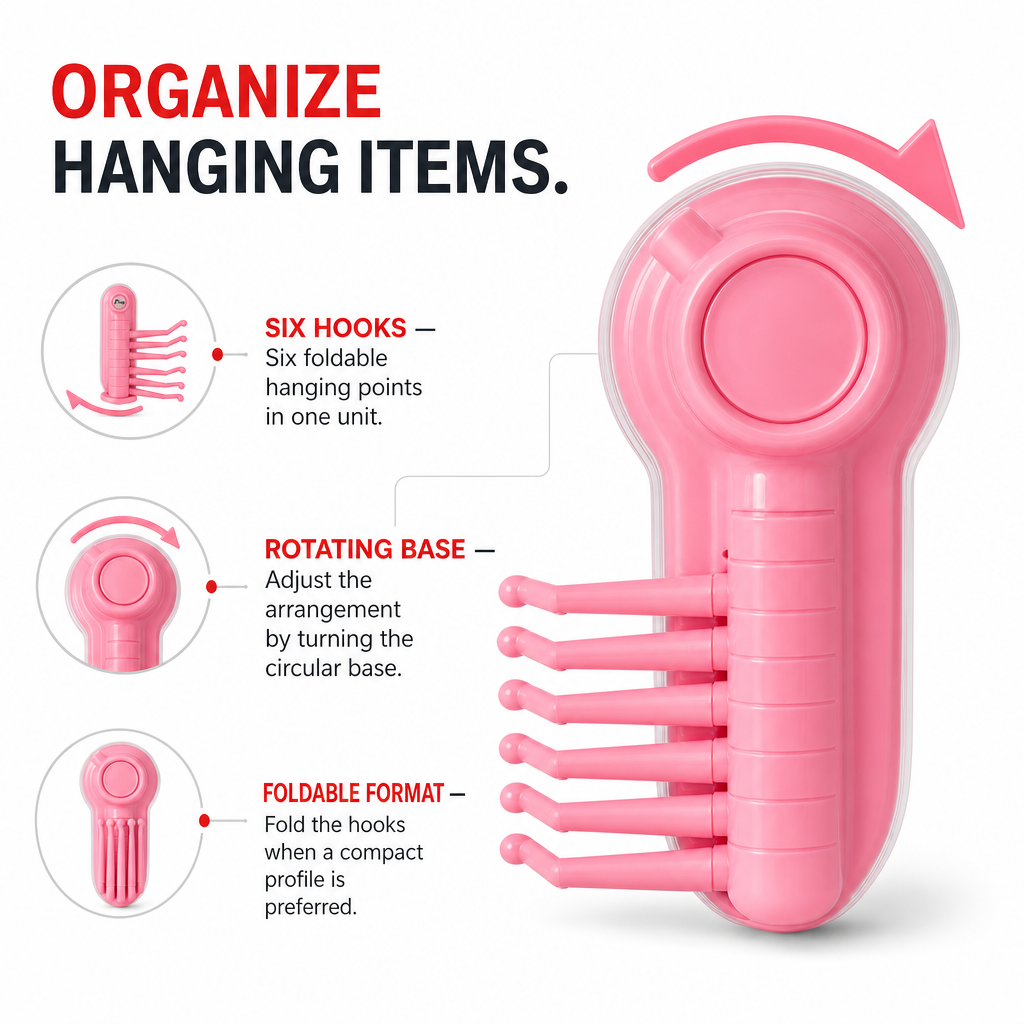 120 Pieces Suction Cup Hook with Rotating Base and 6 Foldable Hooks, Pink, 1 Piece