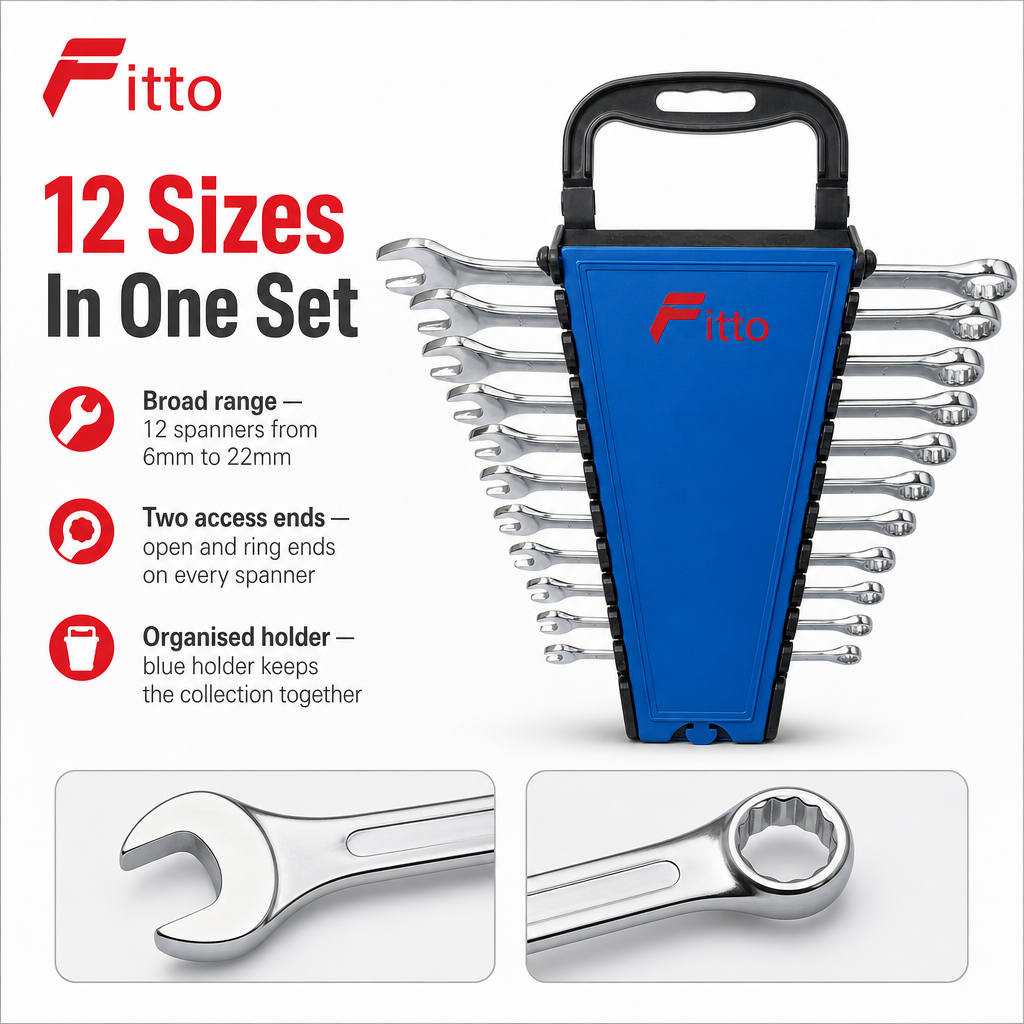 72 Pieces Combination Spanner Wrench Set, 6mm–22mm, 12 Pieces with Blue Holder, Silver