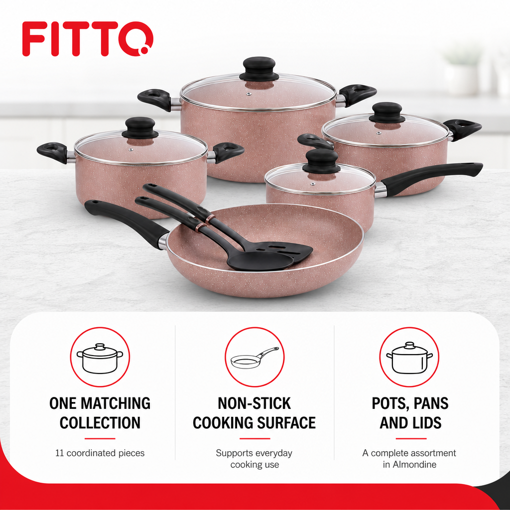 48 Pieces 11-Piece Non-Stick Cookwares Set, Almondine Pots and Pans for Everyday Cooking