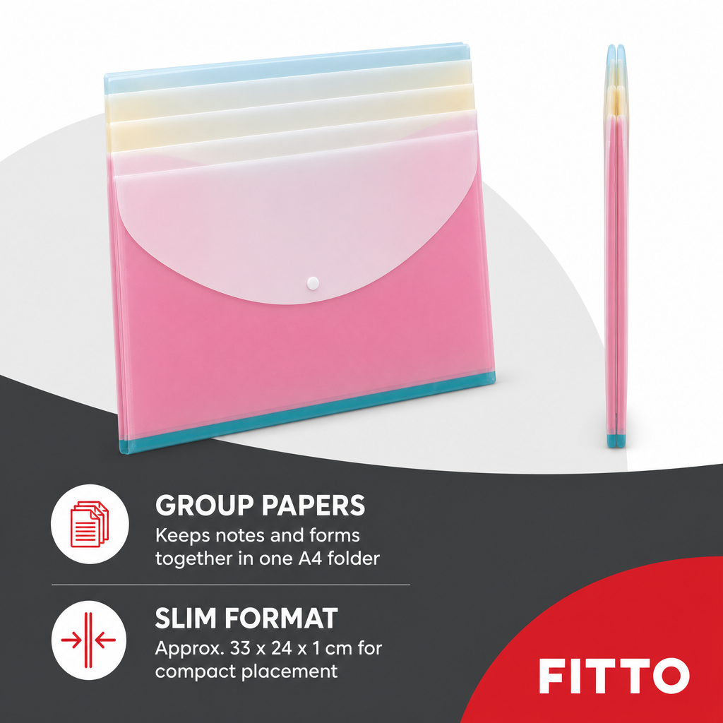 240 Pieces A4 Plastic Button Document Folder, Assorted Colour, Slim Profile, 1 Piece