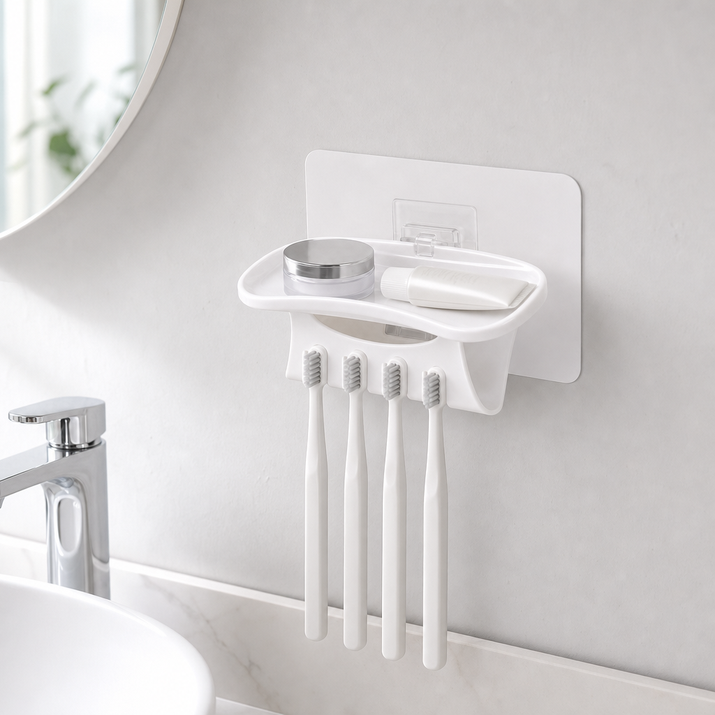 144 Pieces White Adhesive Wall-Mounted Toothbrush Holder with Storage Shelf, 1 Piece