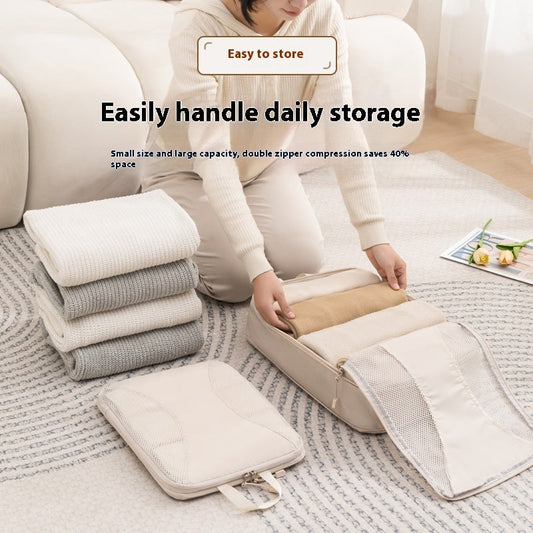Beige Rectangular Storage Bags with Double Zipper Compression