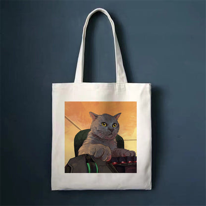 Eco-Friendly White Cat Tote Bag - Sustainable Cotton Reusable Shopping Bag