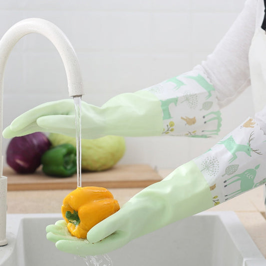 Light green reusable dishwashing gloves with patterned cuffs