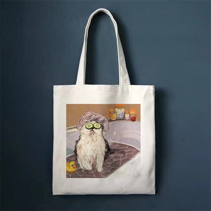 Eco-Friendly White Cat Tote Bag - Sustainable Cotton Reusable Shopping Bag