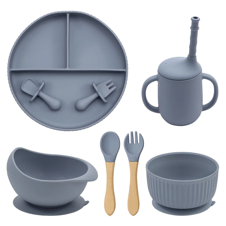 Eco-Friendly Pink Children's Dinnerware Set - Silicone & Wood