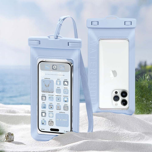 Light blue waterproof phone pouch with rounded edges