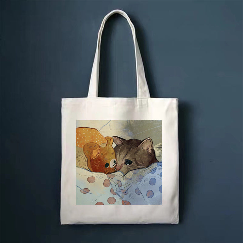 Eco-Friendly White Cat Tote Bag - Sustainable Cotton Reusable Shopping Bag