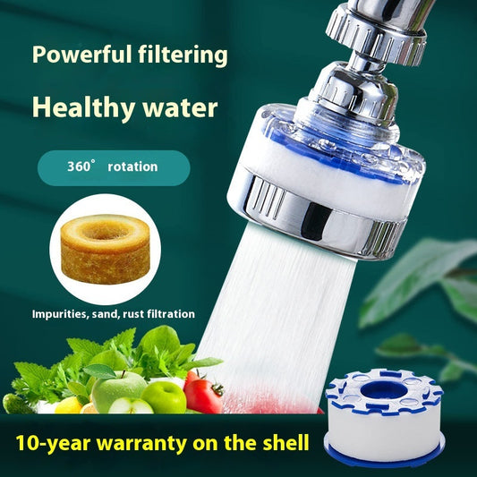 Silver water filter shower head with blue and white filter components