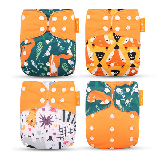 Multicolored reusable cloth diapers with patterns of foxes, geometric shapes, and animals