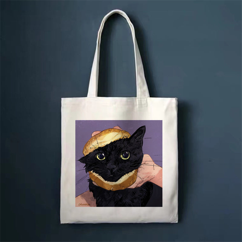 Eco-Friendly White Cat Tote Bag - Sustainable Cotton Reusable Shopping Bag