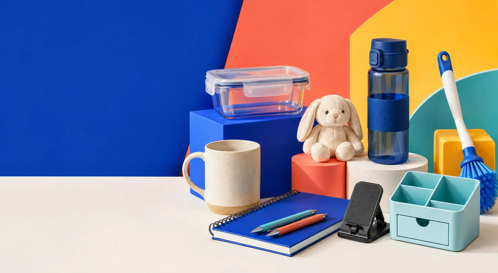 A colorful selection of household, stationery, toy, cleaning and organization products